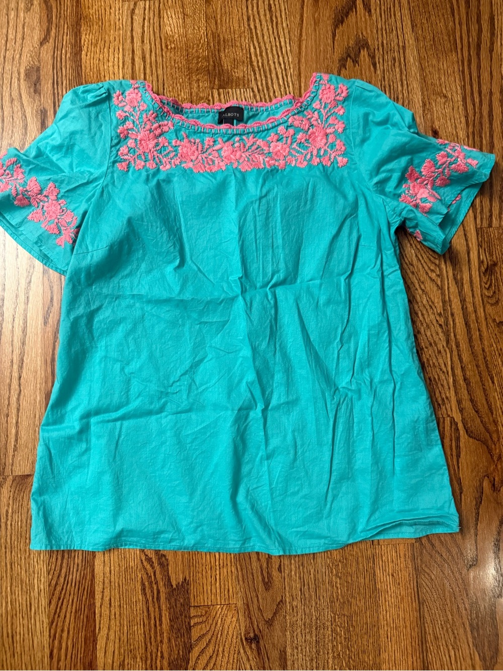 Talbots Turquoise Blouse with Coral Embroidery